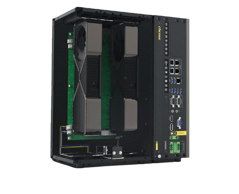 Caixa de expansão de GPU (GEB) do GP-3100 aberta, mostrando os slots para duas placas de vídeo