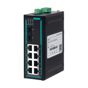 Switch Ethernet industrial gerenciável COM-ISGL2-10P-7210 com 8 portas RJ45 10/100Mbps, 2 portas SFP Gigabit, alimentação DC 9-60V, montagem trilho DIN, suporte a VLANs QoS SNMP e resistência a EMI para automação industrial