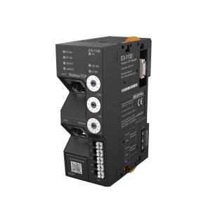 Módulo escravo Modbus/TCP EX-1130 Decowell com duas portas RJ45 100Mbps, suporte a 32 expansões, alimentação 24VDC, terminais push-in, largura 34mm e fixação em trilho DIN