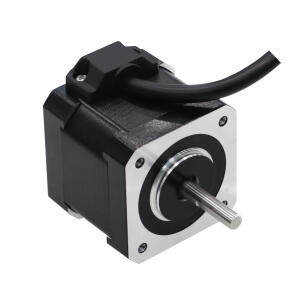 Motor de passo NEMA17 42AM04 com torque 0,4Nm, corrente de fase 1,5A, ângulo de passo 1,8°, flange 42mm, eixo 5mm, inércia 0,041 kg·cm², resistência 1,3Ω, indutância 1,9mH e proteção IP40