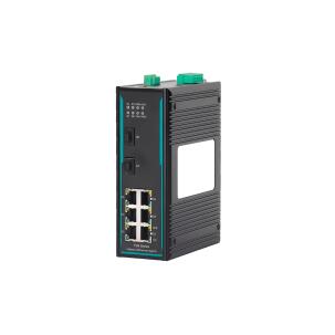 Switch Ethernet industrial COM-ISNGL2-208 Layer 2 com 8 portas RJ45 10/100Mbps, fonte redundante DC24V alimentação 9-24V, proteção IP40 e montagem trilho DIN para automação industrial e redes SCADA