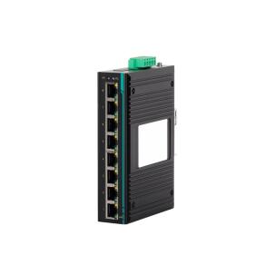 Switch Ethernet industrial não gerenciável COM-ISNGL2-8P-2208 com 8 portas 10/100TX, alimentação 12-48VDC, montagem trilho DIN, resistência a interferências eletromagnéticas e temperaturas extremas para automação industrial