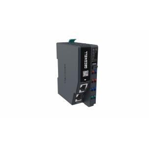 Módulo escravo EtherCAT RB-1100 Decowell com duas portas RJ45 100Mbps, suporte a 32 expansões, alimentação 24VDC, terminais push-in, largura 34mm, fixação em trilho DIN e proteção IP20