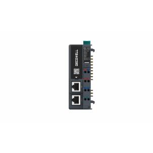Módulo escravo EtherCAT RB-1100 Decowell com duas portas RJ45 100Mbps, suporte a 32 expansões, alimentação 24VDC, terminais push-in, largura 34mm, fixação em trilho DIN e proteção IP20