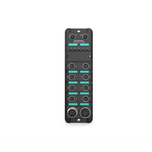 Módulo remoto escravo EtherCAT SDEC-8IOL-M12-00 Decowell com 8 entradas IO-Link PNP, conectores fêmea M12 5 pinos para IO-Link, 2 conectores M12 4 pinos para EtherCAT, fixação por parafuso e proteção IP67