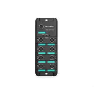 Módulo remoto escravo IO-Link SDIOL-0HN1-M12 Decowell com 16 saídas digitais PNP 2A, 8 conectores fêmea M12 5 pinos e 1 conector macho M12 4 pinos para IO-Link, fixação por parafuso e proteção IP67