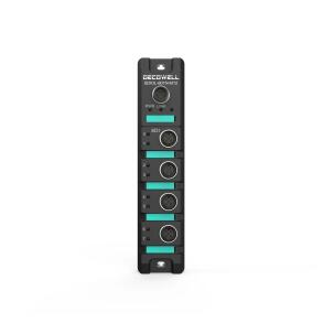 Módulo remoto escravo IO-Link SDIOL-801N-M12 Decowell com 8 entradas digitais PNP, 8 conectores fêmea M12 5 pinos e 1 conector macho M12 4 pinos para IO-Link, fixação por parafuso e proteção IP67