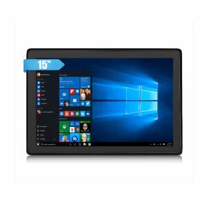 Monitor industrial VIEW-SL15RT de 15 polegadas com touch resistivo, estrutura em alumínio, proteção IP65, resolução 1024x768, entradas HDMI DVI e VGA e montagem em painel parede ou suporte VESA para automação industrial
