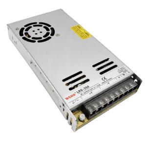 Fonte chaveada industrial WEHO WH-RS350W24, referência LRS-350-24, com saída 24VDC 14,6A, potência 350W, entrada 90–132VAC ou 180–264VAC selecionável por chave, entrada DC 254–370VDC, caixa metálica ventilada, ventoinha integrada com controle automático e proteções integradas para automação industrial e painéis elétricos.