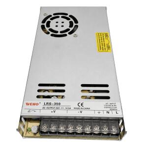 Fonte chaveada industrial WEHO WH-RS350W24, referência LRS-350-24, com saída 24VDC 14,6A, potência 350W, entrada 90–132VAC ou 180–264VAC selecionável por chave, entrada DC 254–370VDC, caixa metálica ventilada, ventoinha integrada com controle automático e proteções integradas para automação industrial e painéis elétricos.
