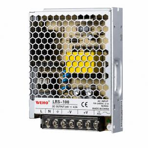 Fonte chaveada industrial WEHO WH-RS100W24, referência LRS-100-24, com saída 24VDC 4,5A, potência comercial 100W, entrada 90–240VAC e 127–370VDC, caixa metálica, convecção natural e proteções contra curto-circuito, sobrecarga e sobrecorrente para automação industrial e painéis elétricos.