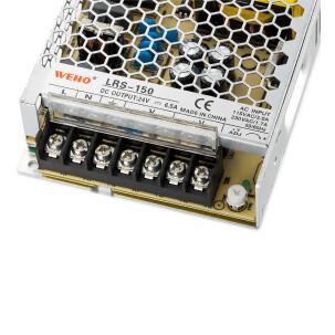 Fonte chaveada industrial WEHO WH-RS150W24, referência LRS-150-24, com saída 24VDC 6,5A, potência 150W, entrada 90–240VAC e 127–370VDC, caixa metálica ventilada, convecção natural e proteções contra sobrecarga, sobrecorrente e curto-circuito para automação industrial e painéis elétricos.