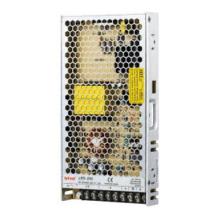Fonte chaveada industrial WEHO WH-RS250W24, referência LRS-250-24, com saída 24VDC 10A, potência 250W, entrada 90–132VAC ou 180–264VAC selecionável por chave, entrada DC 254–370VDC, caixa metálica ventilada, convecção natural e proteções integradas para automação industrial e painéis elétricos.