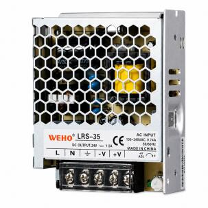 Fonte chaveada industrial WEHO WH-RS35W12, referência LRS-35-12, com saída 12VDC 3A, série 35W, entrada 85–264VAC e 120–373VDC, caixa metálica, convecção natural e proteções contra curto-circuito, sobrecarga, sobretensão e sobretemperatura para automação industrial e painéis elétricos.