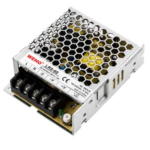 Fonte chaveada industrial WEHO WH-RS60W24, referência LRS-60-24, com saída 24VDC 2,5A, potência 60W, entrada 85–264VAC e 120–373VDC, caixa metálica, convecção natural e proteções contra curto-circuito, sobrecarga, sobretensão e sobretemperatura para automação industrial e painéis elétricos.