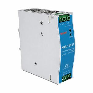 Fonte industrial trilho DIN WEHO WH-DIN120W12, referência NDR-120-12, com saída 12VDC 10A, potência 120W, entrada 85–264VAC e 120–370VDC, montagem em trilho DIN, LED DC OK e proteções contra curto-circuito, sobrecarga e sobretensão para automação industrial.
