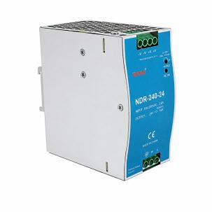 Fonte industrial trilho DIN WEHO WH-DIN240W24, referência NDR-240-24, com saída 24VDC 10A, potência 240W, entrada 85–264VAC e 120–370VDC, montagem em trilho DIN, caixa metálica e proteções contra curto-circuito, sobrecarga e sobretensão para automação industrial.