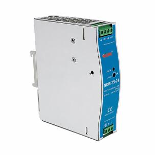 Fonte industrial trilho DIN WEHO WH-DIN75W12, referência NDR-75-12, com saída 12VDC 6,3A, potência 75W, entrada 85–264VAC e 120–370VDC, montagem em trilho DIN, LED DC OK e proteções contra curto-circuito, sobrecarga e sobretensão para automação industrial.